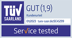 Testergebnis TÜV Saarland: gut 1,9, Kundenurteil, 01/2023 tuev-saar.de/SC45299, Service Tested
